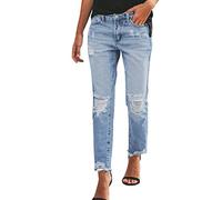 High Waist Jeans Damen mit Löchern - 7/8 Jeans Damen Sommer Jeanshose Lang Straight Leg Slim Fit Boyfriend Denim Hose Zerrissene Damenjeans Freizeithose Ripped Jeans Hosen für Frauen