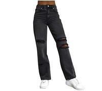High Waist Jeans Damen mit Löchern- Baggy Jeans Damen Stretch- Zerrissene Jeanshose Damen Lang Straight Leg Weites Bein Denim Hose Locker Damenjeans Freizeithose Schwarze Jeans Hosen