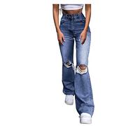High Waist Jeans Damen mit Löchern - Baggy Jeans Damen Stretch- Zerrissene Jeanshose Damen Lang Straight Leg Weites Bein Denim Hose Locker Damenjeans Freizeithose Streetwear Jeans Hosen für Frauen