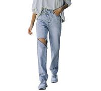 High Waist Jeans Damen mit Löchern - Stretch Jeans Damen Straight Leg Jeanshose Lang Straight Leg Boyfriend Denim Hose Zerrissene Knöchel Damenjeans Freizeithose Jeans Hosen für Frauen