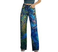 High Waist Jeans Damen mit Vintage Muster- Weite Jeans Damen Schlaghose, Jeanshose Damen Lang Straight Leg Flared Denim Hose Locker Damenjeans Schlupfjeans Freizeithose Jeans Hosen