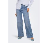 High-waist-Jeans ONLY "ONLJUICY HW RHINESTONE WIDE REA365 DNM", Damen, Gr. 28, Länge 32, medium blau denim detail:rhinestones, Denim/Jeans, Obermaterial: 99% Baumwolle, 1% Elasthan, Glitzermuster, uni