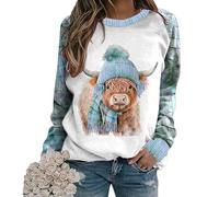 Highland Cow 3D-Gedruckter Pullover-Pullover für Frauen Lustiger grafischer Druck T-Shirt Langarm Lässiger Rundhals-Sweatshirt-Oberteile