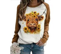 Highland Cow 3D-Print-Sweatshirt für Damen Lustiges T-Shirt mit Tiergrafik-Druck Langarm Lässiger Rundhalspullover Pullover Oberteile