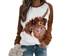 Highland Cow 3D-Print-Sweatshirt für Damen Lustiges T-Shirt mit Tiergrafik-Druck Langarm Lässiger Rundhalspullover Pullover Oberteile