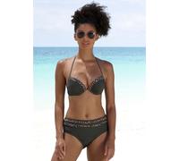 Highwaist-Bikini-Hose LASCANA "Adelin", Damen, Gr. 40, N-Gr, grün (oliv, leo), Elasthan, Recycling-Polyamid, unifarben, Badehosen, mit bedruckten Einsätzen (55093664-40) oliv, leo