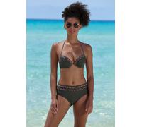 Highwaist-Bikini-Hose LASCANA "Adelin", Damen, Gr. 42, N-Gr, grün (oliv, leo), Elasthan, Recycling-Polyamid, unifarben, Badehosen, mit bedruckten Einsätzen, Topseller (55093664-42) oliv, leo