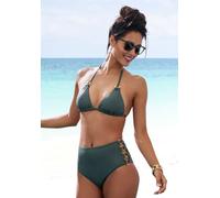 Highwaist-Bikini-Hose LASCANA "Italy", Damen, Gr. 40, N-Gr, grün (oliv), Microfaser, Microfaser, Polyamid, unifarben, Badehosen, Goldfarbene Zierringe (39583160-40) oliv