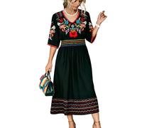 Higustar Hgustar mexikanisches Besticktes Kleid für Damen, Boho, traditionelles Fiesta-Sommer-Bauern-Bohemian-Blumen-Midi-Cocktailkleid, Schwarz-13, Groß