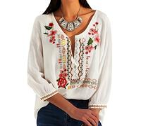 Higustar Mexikanische bestickte Hemden für Damen, Boho-Tops und Blusen, 3/4-Ärmel, böhmische Bauern-Sommer-Tunika, Oberteil, Weiß, Mittel