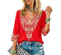 Higustar Mexikanische Oberteile für Damen, bestickte Hemden, Bohemian-Hippie-Kleidung, Tunika, Fiesta, Übergröße, Boho, Bauernblusen, Rot/Ausflug, einfarbig (Getaway Solids), 3X-Groß