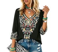 Higustar Mexikanische Oberteile für Damen, bestickte Hemden, Bohemian-Hippie-Kleidung, Tunika, Fiesta, Übergröße, Boho, Bauernblusen, Schwarz, 4X-Groß