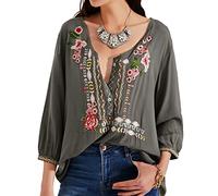 Higustar Mexikanische Oberteile für Damen, bestickte Hemden, Bohemian-Hippie-Kleidung, Tunika, Fiesta, Übergröße, Boho, Bauernblusen, 049-Grau, XX-Large