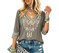 Higustar Mexikanische Oberteile für Damen, bestickte Hemden, Bohemian-Hippie-Kleidung, Tunika, Fiesta, Übergröße, Boho, Bauernblusen, GRAU, Groß
