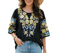 Higustar Sommer Damen Bestickte Tops Mexikanische Boho Fiesta Blusen Bohemian Bauer Tunika Stickerei Shirts, Schwarz, X-Groß