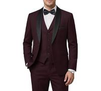 Hihawk Herren-Smoking-Set mit Fliege, EIN-Knopf-Schal, Revers, Jacke, Weste, Hose, schmale Passform, Anzug, Party, Hochzeit, Abschlussball, Smoking, 3-teilig, Burgunder, L