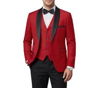 Hihawk Herren-Smoking-Set mit Fliege, EIN-Knopf-Schal, Revers, Jacke, Weste, Hose, schmale Passform, Anzug, Party, Hochzeit, Abschlussball, Smoking, 3-teilig, Rot/Ausflug, einfarbig (Getaway Solids
