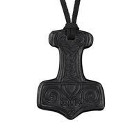 HiiFeuer Thorshammer Amulett Halskette - Wikinger Schmuck mit Prägung aus Kunstleder - Nordischer Mythologie Anhänger für LARP & Cosplay (Schwarz A)