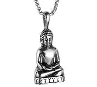 HIJONES Herren Edelstahl Gold/Silber Vintage Amitabha Buddha Statue Anhänger Halskette Silber