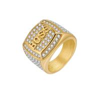 HIJONES Herren Edelstahl Square Boss Letter Micro Pave CZ Statement Ring Lucky Rich Schmuck Gold Größe 65 (20.7)