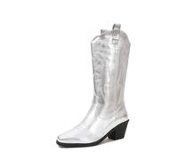 HIKKWXVN Bestickte Western-Cowboy-Stiefel für Damen, Stiefeletten mit Blockabsatz, Chelsea-Stiefel, Herbst-Winter-Stiefel mit mittlerer Wade,Silber,39 EU