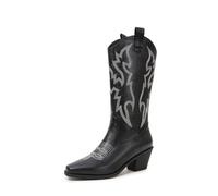HIKKWXVN Bestickte Western-Cowboy-Stiefel für Damen, Stiefeletten mit Blockabsatz, Chelsea-Stiefel, Herbst-Winter-Stiefel mit mittlerer Wade,Schwarz,43 EU