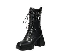 HIKKWXVN Damen-Bikerstiefel, Schnürstiefel mit quadratischer Zehenpartie und mittelhoher Wade, Herbst-Winter-Stiefeletten mit klobigem Absatz, modische Alltagsschuhe,Schwarz,46 EU