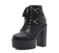 HIKKWXVN Damen-Kampfstiefel mit Plateauabsatz, Stiefeletten mit dickem Absatz, runder Zehenpartie, Reißverschluss und hohem Absatz, Stiefeletten für Herbst und Winter,Schwarz,42 EU