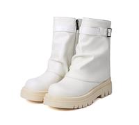 HIKKWXVN Damen-Stiefel mit Plateausohle und breitem Schaft und mittelhohem Schaft, Kunstleder-Stiefeletten mit niedrigem Absatz, Chelsea-Stiefel, Herbst-Winter-Stiefel mit mittlerem Schaft,Weiß,41 EU