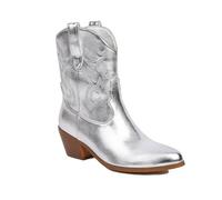 HIKKWXVN Damen-Stiefeletten mit dickem Absatz zum Hineinschlüpfen, Chelsea-Stiefel im Retro-Stil, bestickte Western-Cowboystiefel,Silber,44 EU
