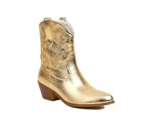 HIKKWXVN Damen-Stiefeletten mit dickem Absatz zum Hineinschlüpfen, Chelsea-Stiefel im Retro-Stil, bestickte Western-Cowboystiefel,Gold,44 EU