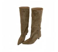 HIKKWXVN Damenstiefel mit niedrigem Absatz, modische Kniestiefel, Western-Kampfstiefel mit spitzer Spitze zum Hineinschlüpfen, modische Winterstiefeletten mit Absatz,Khaki,39 EU