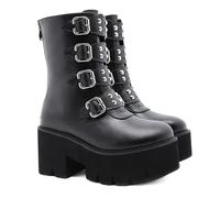 HIKKWXVN Damenstiefel mit Plateausohle und mittelhoher Wadenlänge, modische Chelsea-Booties, Kampfstiefel, warme Stiefel für den Herbst und Winter,Schwarz,41 EU