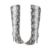 HIKKWXVN Kniehohe Damen-Stiefel mit Schlangenmuster und weitem Wadenbein, Kniehohe Stiefel mit spitzer Zehenpartie und Stiletto-Absatz, modische Herbst-Winter-Stiefel mit mittlerer Wade,Schwarz,40 EU