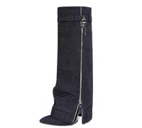 HIKKWXVN Kniehohe Stiefel mit spitzer Spitze und weitem Schaft für Damen, Bequeme Jeansstiefel mit mittelhohem Absatz, modische Stiefel mit mittelhohem Schaft für Herbst und Winter,Schwarz,38 EU