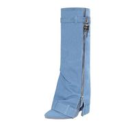 HIKKWXVN Kniehohe Stiefel mit spitzer Spitze und weitem Schaft für Damen, Bequeme Jeansstiefel mit mittelhohem Absatz, modische Stiefel mit mittelhohem Schaft für Herbst und Winter,Blau,38 EU