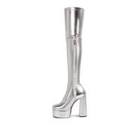 HIKKWXVN Overknee-Stiefel für Damen mit seitlichem Reißverschluss und dickem Absatz, Overknee-Stiefel aus elastischem PU-Leder mit Plateausohle, hohe Winterstiefel,Silber,43 EU