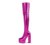 HIKKWXVN Overknee-Stiefel für Damen mit seitlichem Reißverschluss und dickem Absatz, Overknee-Stiefel aus elastischem PU-Leder mit Plateausohle, hohe Winterstiefel,Dark pink,43 EU