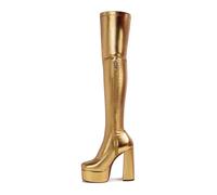 HIKKWXVN Overknee-Stiefel für Damen mit seitlichem Reißverschluss und dickem Absatz, Overknee-Stiefel aus elastischem PU-Leder mit Plateausohle, hohe Winterstiefel,Gold,43 EU