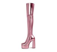 HIKKWXVN Overknee-Stiefel für Damen mit seitlichem Reißverschluss und dickem Absatz, Overknee-Stiefel aus elastischem PU-Leder mit Plateausohle, hohe Winterstiefel,Rosa,38 EU