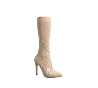 HIKKWXVN Sexy Stretch-Strümpfe für Damen mit mittelhohen Wadenstiefeln, Stiletto-Absatz-Partykleid-Stiefeletten, modische Winter-Stiefeletten mit Absatz,Beige,37 EU