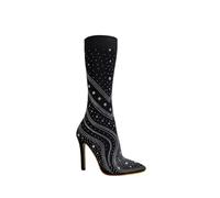 HIKKWXVN Sexy Stretch-Strümpfe für Damen mit mittelhohen Wadenstiefeln, Stiletto-Absatz-Partykleid-Stiefeletten, modische Winter-Stiefeletten mit Absatz,Schwarz,39 EU