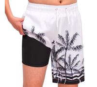 Hill & Sea Badehose Jungen Badeshorts Kinder Schnelltrocknend Boardshorts 2 in 1 Schwimmhose mit Kompression Innenhose Verstellbare Tunnelzug Schwarz Weiß Baum 140
