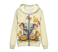 Hinthetall Lässige Kapuzenjacke für Damen, mit Reißverschluss, leicht, bequem, locker, langärmelig, Sweatshirt mit Taschen, Größe XS-5XL, Sonnenblumen-Cartoon-Elefant, 5XL