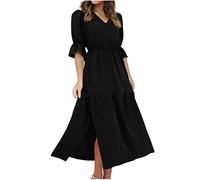 HINTSAN Boho Kleid Damen Kleider Damen Lang Boho Vintage Kleider Damen Damen Sexy Kleid Sommerkleid Damen Leicht und Luftig Lang Langes Kleid Damen Sommer Minikleid Schwarz Eng