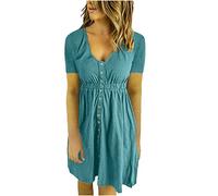 HINTSAN Boho Kleid Damen Sale Angebote Hochzeit Chiffon Faltenrock Langes Kleid Einfarbig Sommerkleid Strandkleid mit U Kragen Kurzarm Kleid A Linie Faltenkleid Freizeitkleid Minikleid