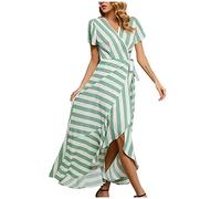 HINTSAN Boho Kleid Damen Sale Angebote Sommer Freizeit Boho V-Ausschnitt Midi Kleid Knielang Schulterfreies Kurzarm Off Shoulder Kleider Gothic Stil Sexy Kleid Spitzennähte Chiffon-Kleid