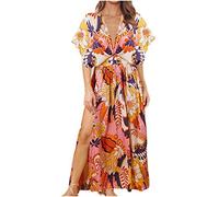 HINTSAN Kleider Damen Sale Angebote Vintage Elegant Knielang Cocktail One-Shoulder Partykleid Cocktailkleid mit Tiefem V-Ausschnitt Sexy Schulterfrei Blumen Sommerkleid Hohe Taille