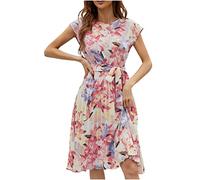 HINTSAN Maxikleid Damen Frühlingsangebote Ärmellos Plissiertes Mini Knielang Strand Trägerkleid V-Ausschnitt Strandkleider Einfarbig A-Linie Kleid Wickel Swing Kurze Rüschenärmel Boho Kleid