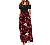 HINTSAN Sommerkleid Damen Lang Sale Angebote Cold Shoulder Blumen Strandkleid Sommerkleid Einfarbig V-Ausschnitt MaxiCocktailkleid Party Abendkleid Elegant Casual Rundhals Blumenkleid